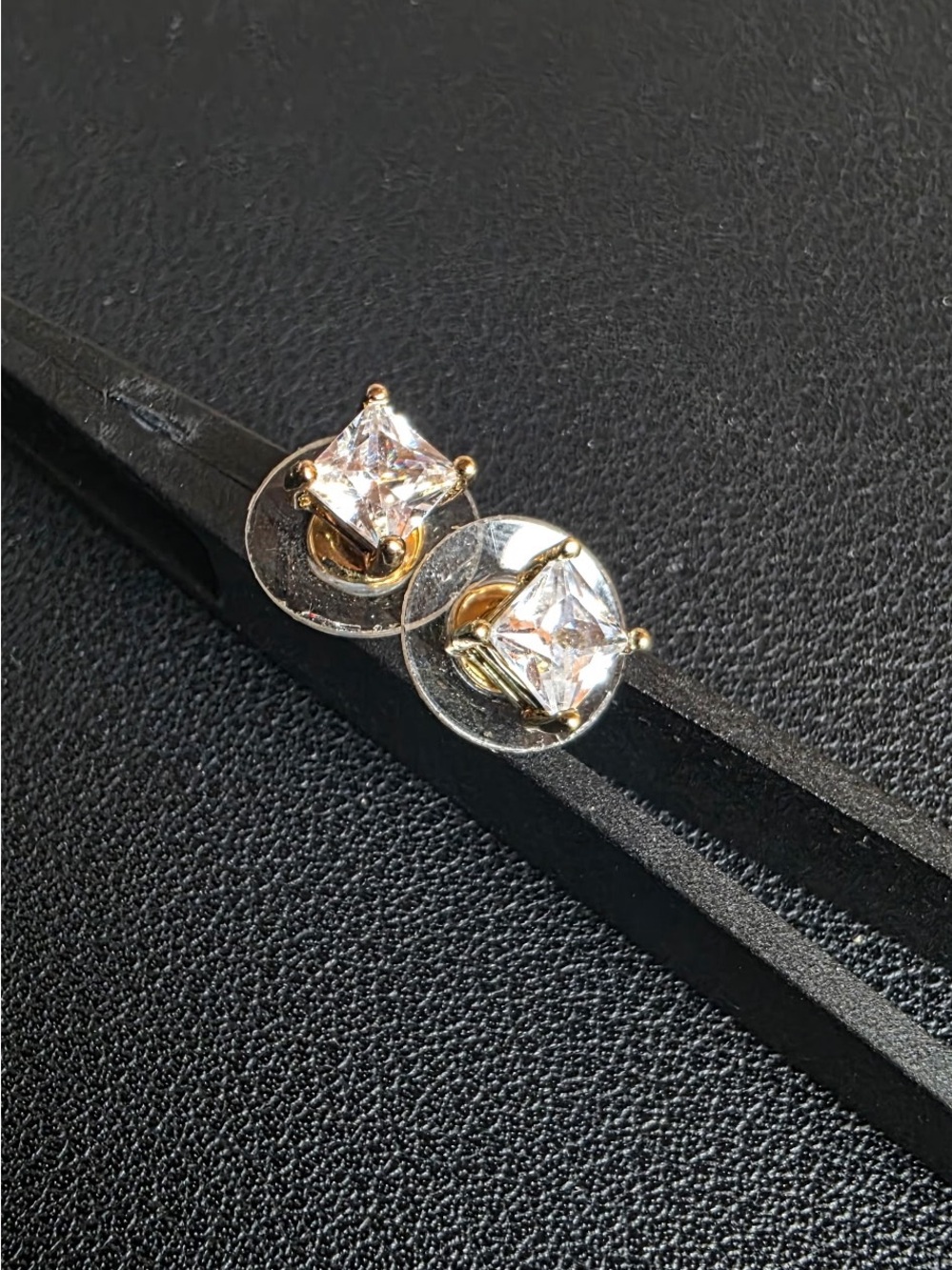 Gold-Tone Stud Earrings with Clear Square Crystal Centers - Women Jewelry